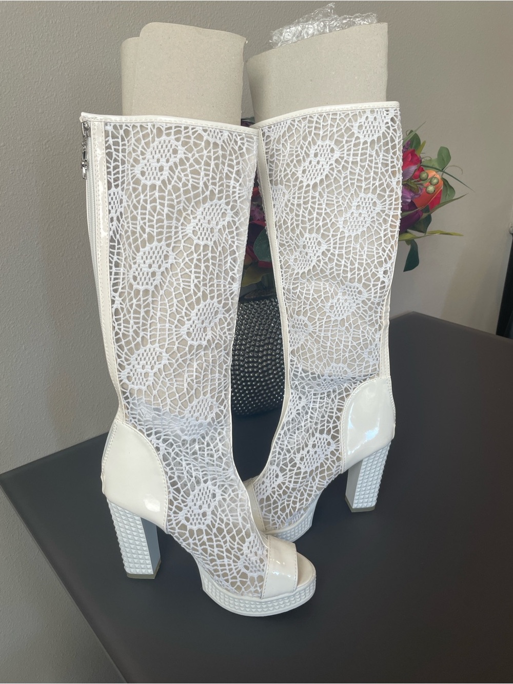 Women's Crochet Overlay Peep-Toe Knee-High Heeled Boots